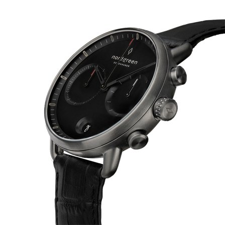 Nordgreen Men's Scandinavian Wrist Watch - Silver Case - Black Dial - Black Croc Leather Watch Strap Pioneer White Dial Chronograph