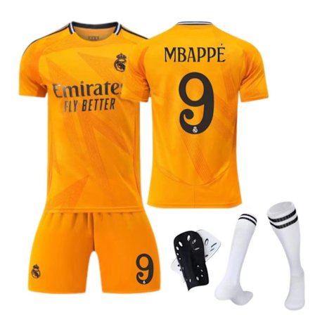 24-25 Real Madrid trøje 5 Bellingham 9 Mbappe Børn & Voksen Sæt - Fodboldtrøje - Nr. 9 med sokker + beskyttelsesudstyr
