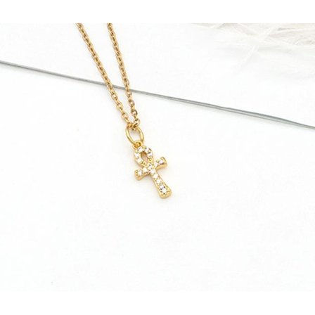 Halsband med vackert litet kors i guld och strass lång kedja