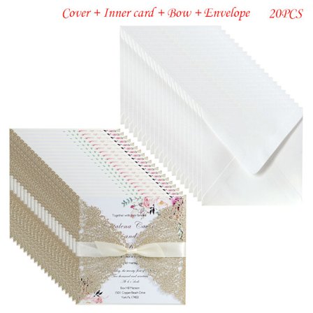20 stk. Glitter Hul Bryllupsinvitationer Kort med Kuverter Bånd Brudebad Festartikler