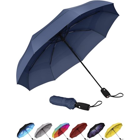 Vindsäkert Reseparasoll - Kompakt, Lätt, Automatisk, Stark och Bärbar - Vindbeständig, Litet Vikbart Ryggsäcks Parasoll för Regn - Män och