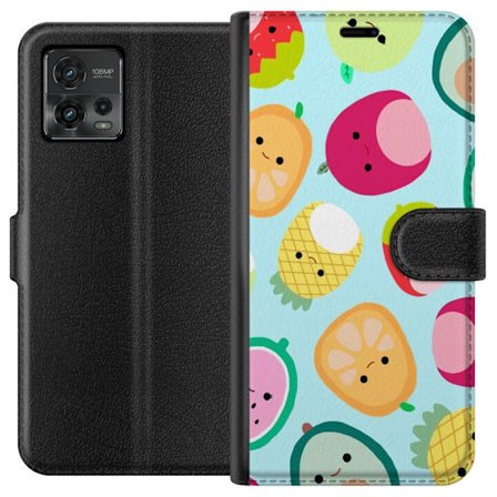 Kompatibel Tegnebogsetui til Motorola Moto G72 Mønster af kawaii frugter som jordbær citron ananas og avocado på lyseblå baggrund