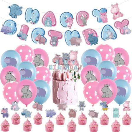 Hippo-syntymäpäiväjuhlien tarvikkeet, söpöt virtahepojuhlan koristeet, mukaan lukien HAPPY BIRTHDAY -banneri, ilmapallot, kakunkoriste, cupcake-