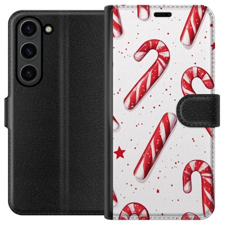 Yhteensopiva Lompakkokotelo Samsung Galaxy S24 Jouluinen pallokuoseilla varustettu kuvio punaisilla ja valkoisilla piparminttutankoilla, tähdillä ja l