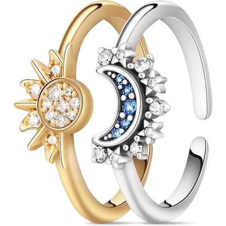 Celestial Sol och Måne Överlagrad Ring, Skinande Tillsammans Sol och Måne Överlagrad Ring, Diamant Set Öppen Ring, Vänskap Löfte Ring