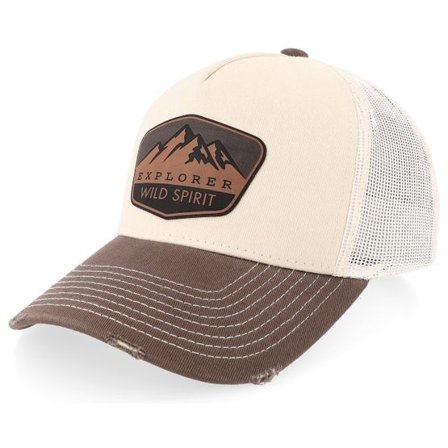 Wild Spirit - Beige trucker Keps - Mountain Explore Brown Patch Distressed Stone/Brown A-Frame Trucker @ Hatstore
