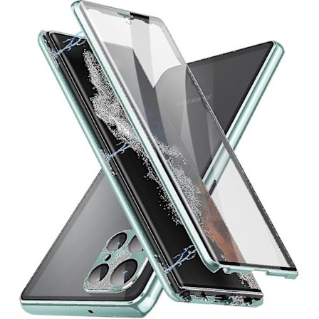 Magnetiskt fodral till Samsung S24 Ultra / S24 Plus / S24 Dubbelsidig härdat glas metall stötfångare med säkerhetslås, trådlös laddare