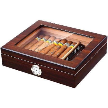Håndlavet cigar humidor, cedertræ cigar skrivebordsæske med luftfugter og hygrometer, glasplade