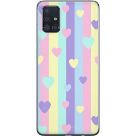 Kompatibel Mobilcover til Samsung Galaxy A51 Pastelstriber i lyserød, gul, lilla og blå med spredte hjerter i blød kawaii-stil.