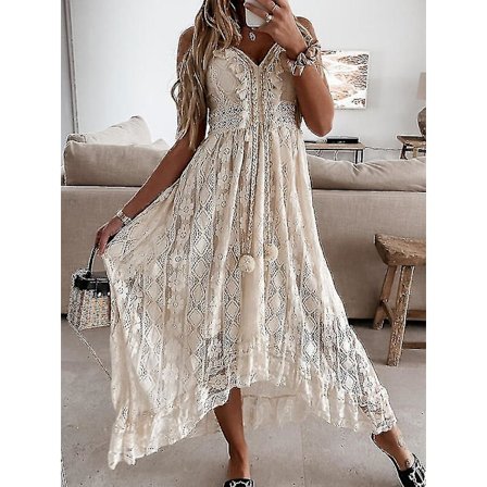 Sommar Boho Långa Klänningar Kvinnor Spets V-Ringning Spaghetti Rem Klänning Dam Off Shoulder Strandklänning Vit Klänning Vestidos De Mujer