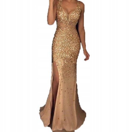 Elegant lang aftenkjole til kvinder med slids og guldtryk - Lang kjole Aftenkjole guld