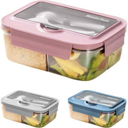 Mikrovågsugn Lunchlåda, 1400ml Matlåda med 3 Fack och Bestick, Lunchbox för Picknick, Arbete, Skolor (Rosa)