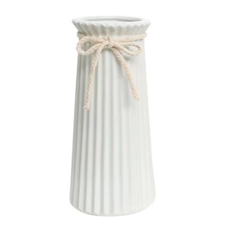 Hvit keramisk ribbet vase for minimalistisk moderne hjemmedekor, dekorativ blomster vase for bryllupsmiddagsbord kontor soverom - 9,5 tommer / 25 CM