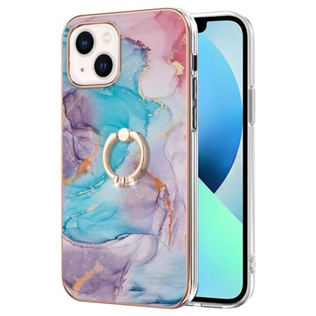Marble Patterned Suojakuori With Ring Holder For iPhone 14 - Milky Way Marble Blue