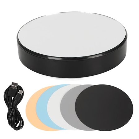 Motorisert 360 graders roterende displaystativ med hvitt lys, 5 kg kapasitet, elektronisk dreieskive for fotografering