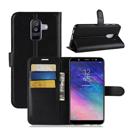 Samsung Galaxy A6 Plus mobiletui i kunstlæder med Litchi overflade. Indbygget pung og stander - Sort