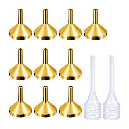 10 små metaltragte med 2 minipipetter, miniparfumetragt med minipipette