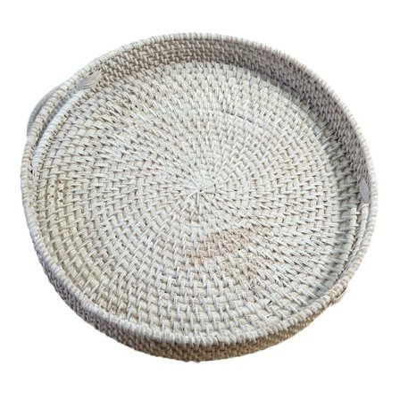 13,8 tommer Rund Rattan Bakke, Dekorativ Sofabord Bakke, Ottoman Bakke, Vævet Serveringsbakke med Håndtag, Flettet Serveringskurv, Hvidvasket