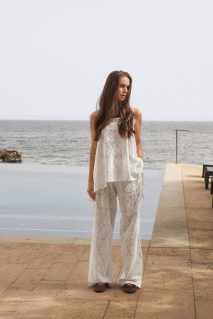 Maria Kragmann x NA-KD Pantalon large à broderie anglaise - Pantalon droit - Blanc - EU 36