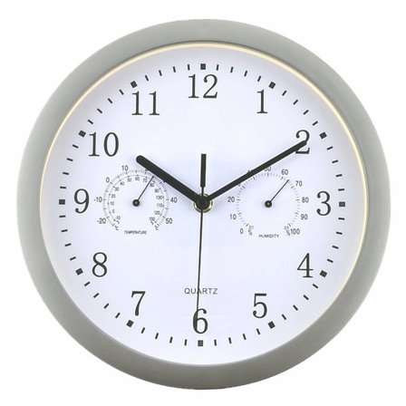 Seinäkellon lämpötilanäytöllä ja kosteus moderni ei tikitystä ääniä hiljainen kello keittiöön olohuoneeseen kylpyhuoneeseen makuuhuoneeseen (hopea, 25