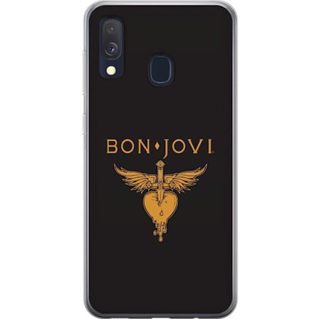 Kompatibelt Mobilskal till Samsung Samsung Galaxy A40 Ikonisk musikillustration med bevingat hjärta och dolk i guldtoner på mörk bakgrund, kraftful