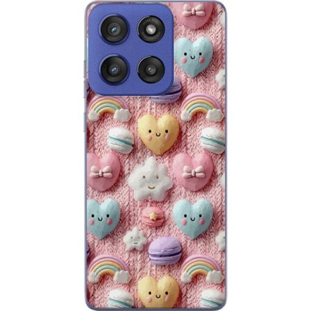 Yhteensopiva Puhelinkuori Motorola Edge 60 Stylus Pastellimotiiivi sydämillä, pilvillä, sateenkaarilla ja makaronseilla vaaleanpunaisella taustalla su