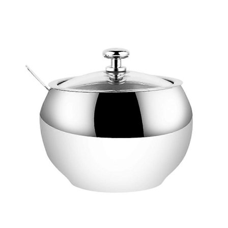 Sukkerskål i rustfrit stål med klart glaslåg og ske, salt sukker te krydderikrukke 7,6*8,5 cm