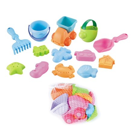 Strandsandleksaker för barn och småbarn, sandlådeleksaker med hink, spade och nätstrandväska
