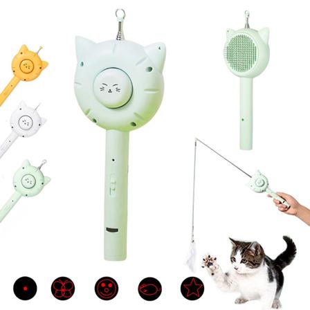 5 i 1 kattebørste med udløserknap Kattekam Cuddles And Meow - Interaktivt kattelegetøj Pelsrensningsbørste til katte og hunde (grøn)