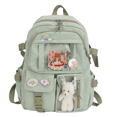 Stor kapasitet Nylon Ryggsekk Skoleveske Multi-lomme Dagstursekk For Student Green