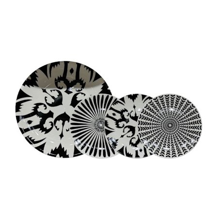 Jälkiruokalautanensetti, 7 osaa, uutta luuposliinia, valkoinen/musta