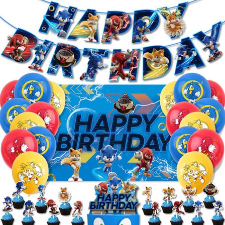 Sonic Bursdagstema Party Dekor Teikneserie Flaggbanner Sett med Ballonger