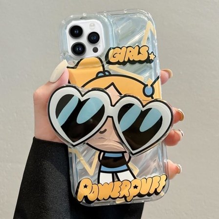 IC iPhone 13 Pro Max Søt Kawaii Tegneserieveske Kule Solbriller Form Stativ Fingergrep Holder Design for Kvinner (Blå)