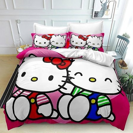 i123 Anime Dynetrekk Sett Hello Sett Dynetrekk Kitty 3 Deler Sengetøy Trykt Dynetrekksett med Putetrekk Lettstelt og Myk Håndfølelse