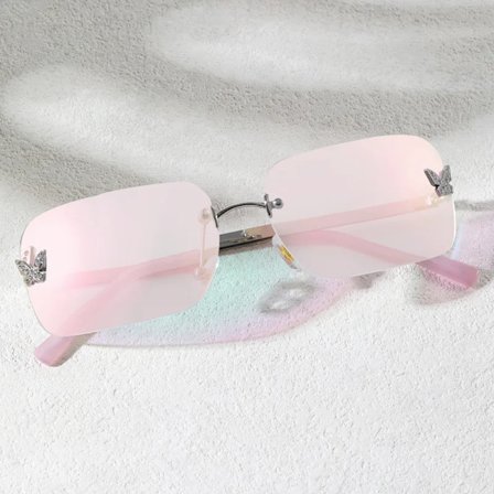 Rectangle Pink Mirror Y2k Sunglasses Women Rimless Sunglasses Butterfly Diamond Decor Square Sun Glasse UV400 Eyewear