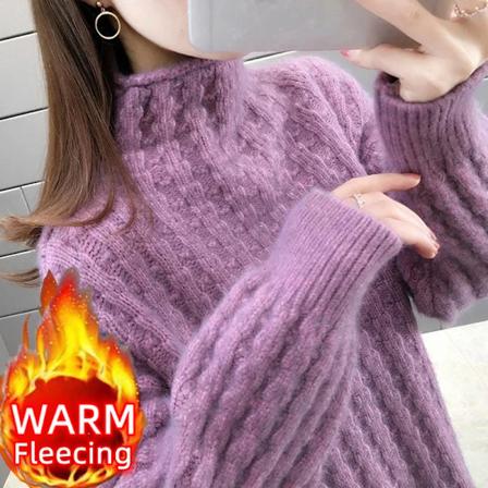 Rullekrave Vintertrøje Kvinder Elegant Tyk Fløjlforet Varm Sweater Fleece Strikkede Pullover Slim Top Jersey Hopper Strik B0803-Thick-Purple L