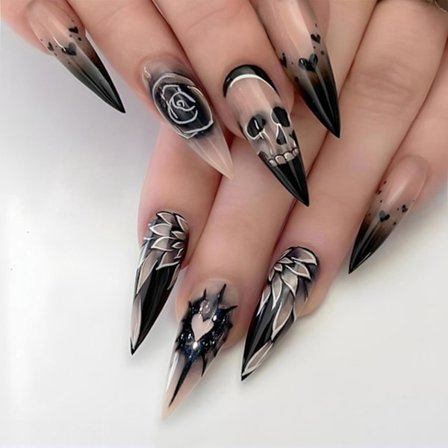 24 st Halloween Press-on Naglar, Goth Falska Naglar Svarta Rosor med Strass, Långa Stiletto Naglar Full Cover