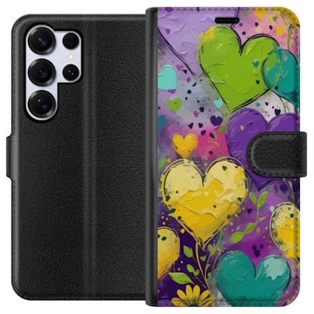 Yhteensopiva Lompakkokotelo Samsung Galaxy S25 Ultra Abstraktimaalatut sydämet voimakkaissa väreissä