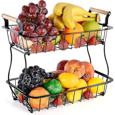 2-etagers Frugtkurv til Køkkenbord - Grøntsags- og Frugtkurv - Metal Rektangulær Holder - Frugt Opbevaringskurv - Snack Opbevaringsstativ - Køkken 