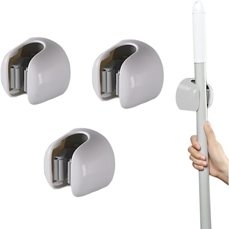 3 stk. Hvid vægmonteret kosteskaft holder selvklæbende moppeholder