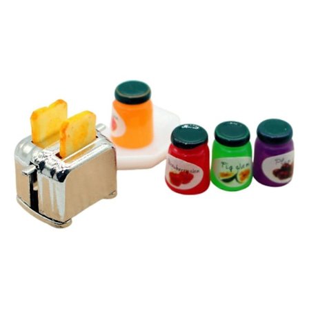 1/12 Dukkehus Mini Brødmaskine med Toast Tallerken Sauce Miniature Toaster Brødbager Køkken