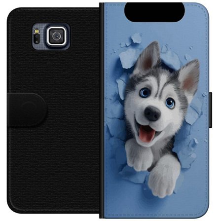 Yhteensopiva Lompakkokotelo Samsung Samsung Galaxy Alpha Söpö husky pentu, jolla on suuret siniset silmät, jotka kurkistavat rikkinäisen seinän l