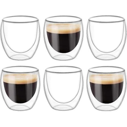 6 stk. Dobbeltveggede kopper, glass, krus, klare dobbeltveggede kaffekopper, dobbeltveggede, cappuccino, latte og isolerte (80 ml) - Bra (FMY)