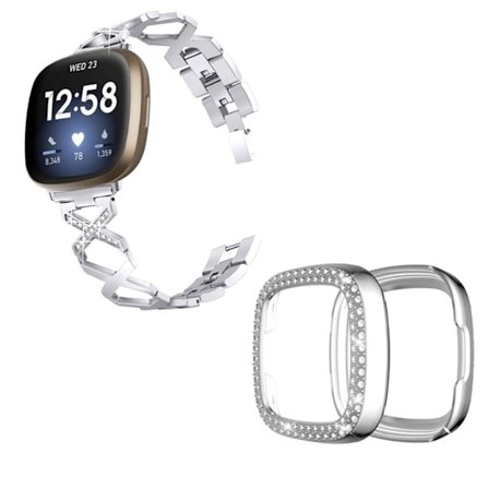 Fitbit Sense / Versa 3 X-formad med strassdekorerat klockarmband med silverfodral - Silver