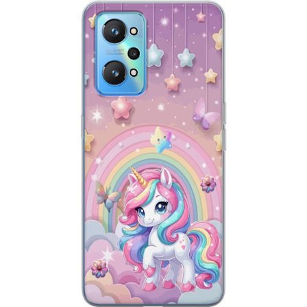Kompatibel Mobilcover til Realme GT Neo2 Magisk enhjørning med regnbue manke, stjerner og sommerfugle mod en pastelfarvet himmel med skyer