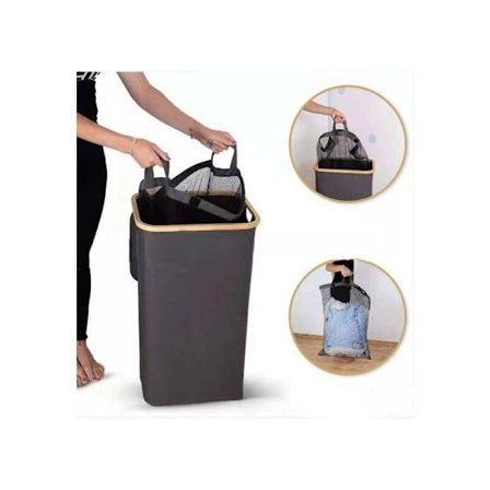 Stor vasketøjskurv med låg, stor bambushåndtagskurv til beskidt tøj, sammenklappelig stor vasketøjskurv, sort inderpose vasketøjskurv