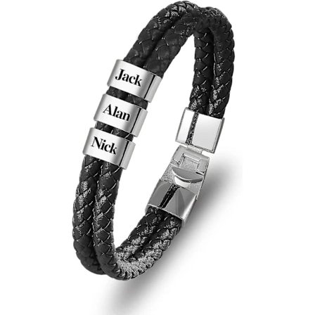/EA/Personligt Läderarmband för Män Silver Svart Namn Pärlor Charm Armband