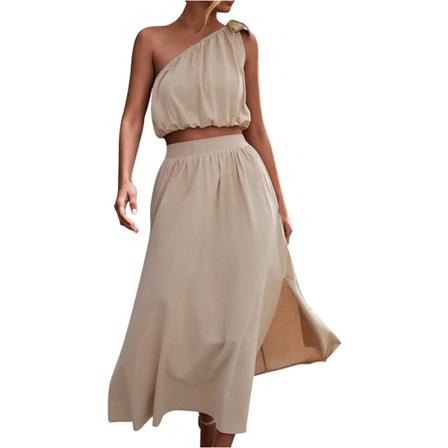 Kvinnors En Axel Ärmlös Lång Klänning Set, 2 Delar, Beige