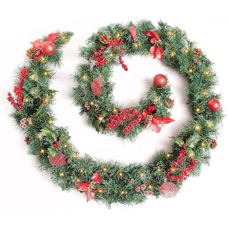 9 fods Rød Dekoreret Julegirland med 80 Varmt Hvide LED Batteridrevne Lys