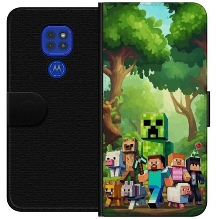 Yhteensopiva Lompakkokotelo Motorola Moto G9 Play Jämäkkä pikselöity pelimaailma, jossa vihreät hahmot ja eläimet rehevässä metsäympäristös